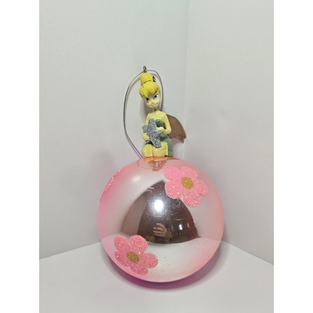 Disney Tinker Bell Christmas Ornament Pink Flower Glass Ball Glitter Star Rare